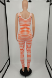 Yellow Sexy Striped Patchwork V Neck Skinny Jumpsuits