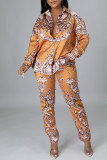 Yellow Casual Print Patchwork Buckle Turndown Collar Long Sleeve Two Pieces