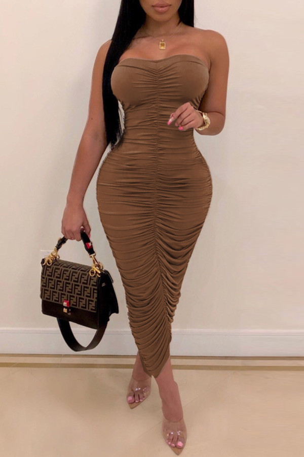 Brown Fashion Sexy Solid Backless Fold Strapless Sleeveless Dress