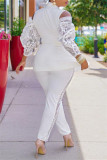 White Fashion Casual Patchwork Hollowed Out Turndown Collar Long Sleeve Two Pieces