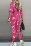 Pink Casual British Style Letter Print Patchwork O Neck Long Sleeve Two Pieces