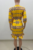 Yellow Casual Print Bandage Split Joint Flounce Asymmetrical V Neck Straight Plus Size Dresses