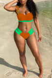 Tangerine Red Sexy Solid Patchwork Flounce Swimwears