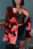 Red Casual Print Patchwork Buckle Turn-back Collar Outerwear
