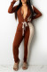 Deep Coffee Fashion Casual Patchwork Bandage Zipper Collar Regular Jumpsuits