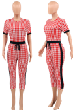 Red Casual Plaid Patchwork O Neck Skinny Jumpsuits