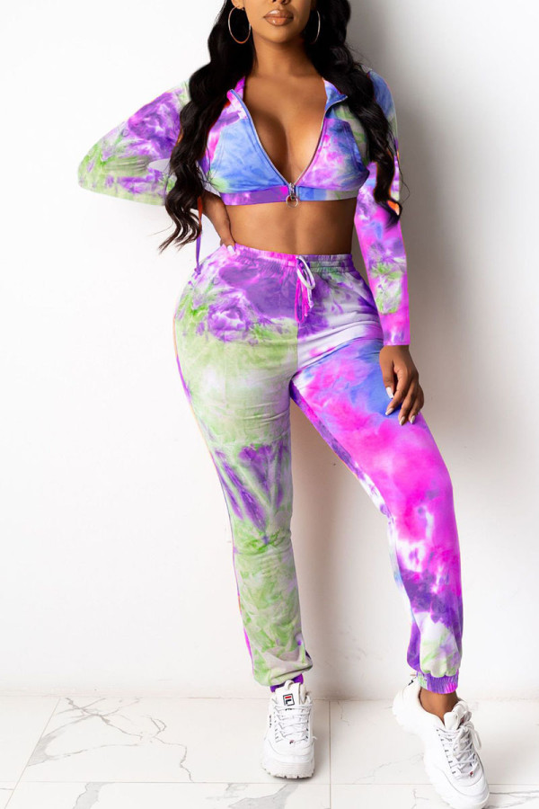 Purple Casual Print Tie Dye Patchwork Zipper Hooded Collar Long Sleeve Two Pieces
