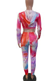 Red Casual Print Tie Dye Patchwork Zipper Hooded Collar Long Sleeve Two Pieces