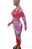 Red Casual Print Tie Dye Patchwork Zipper Hooded Collar Long Sleeve Two Pieces