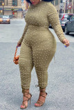 Green Fashion Casual Solid Beading O Neck Plus Size Jumpsuit