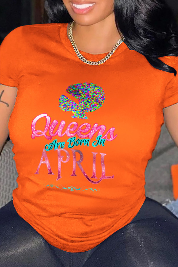 Orange Casual Print Patchwork O Neck T-Shirts