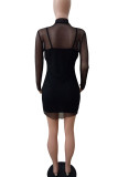 Black Sexy Solid Patchwork See-through O Neck Long Sleeve Two Pieces