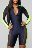 Deep Blue Sexy Solid Patchwork See-through Asymmetrical Zipper Collar Long Sleeve Two Pieces