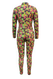Green Sexy Print Patchwork Zipper Collar Skinny Jumpsuits