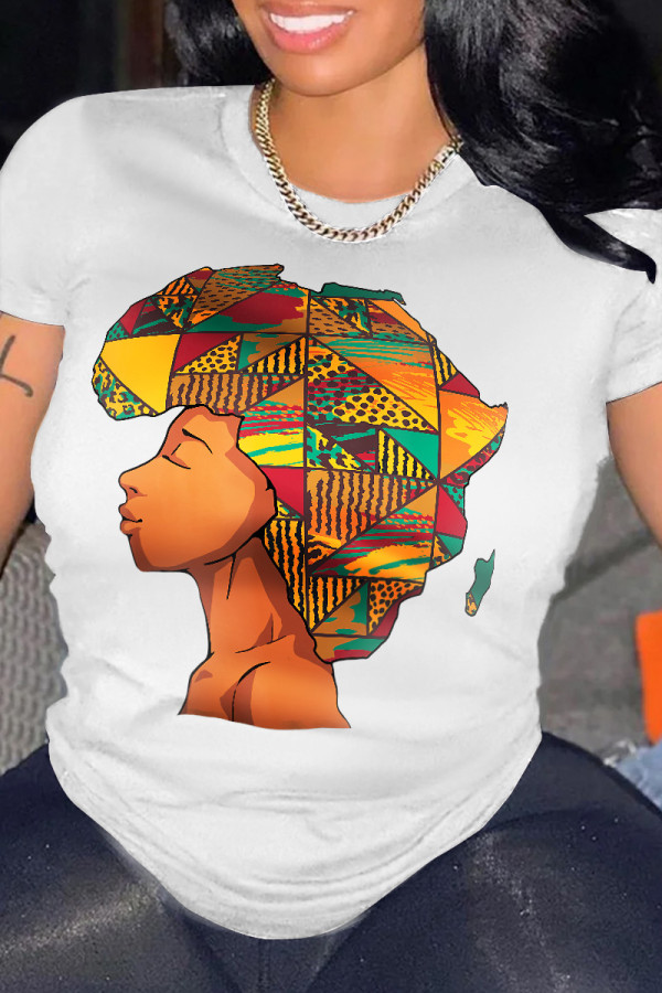 White Casual Print Patchwork O Neck T-Shirts