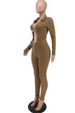 Camel Fashion Casual Solid Bandage Turndown Collar Long Sleeve Two Pieces