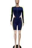 Deep Blue Sexy Solid Patchwork See-through Asymmetrical Zipper Collar Long Sleeve Two Pieces