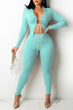 Mint green Fashion Casual Solid Bandage Turndown Collar Long Sleeve Two Pieces