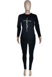 Black Casual Print Patchwork O Neck Long Sleeve Two Pieces