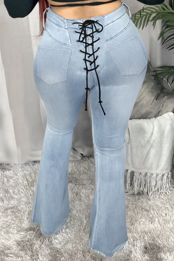 Light Blue Fashion Casual Solid Bandage Regular Denim Jeans