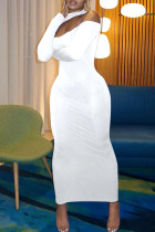 White Sexy Casual Solid Hollowed Out Split Joint Half A Turtleneck Long Sleeve Dresses
