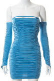 Blue Sexy Solid Patchwork Strapless Pencil Skirt Dresses