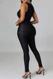 Black Sexy Casual Print Hollowed Out V Neck Skinny Jumpsuits