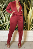 Red Fashion Casual Solid Patchwork Slit Zipper Collar Long Sleeve Two Pieces