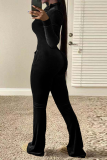 Coffee Casual Solid Patchwork Turndown Collar Boot Cut Jumpsuits