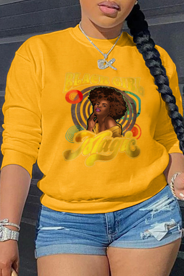 Yellow Casual Print Patchwork O Neck Tops