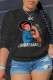 Black Casual Print Patchwork O Neck Tops