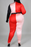 Red Casual Solid Patchwork Contrast Turndown Collar Long Sleeve Two Pieces
