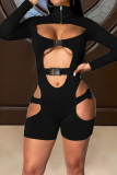 Black Sexy Solid Patchwork See-through Zipper Collar Skinny Rompers