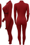 Burgundy Sexy Solid Patchwork Half A Turtleneck Skinny Jumpsuits