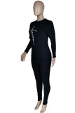Black Casual Print Patchwork O Neck Long Sleeve Two Pieces