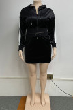 Black Fashion Casual Striped Patchwork Zipper Hooded Collar Plus Size Two Pieces