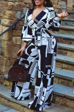 Red Casual Print Patchwork V Neck Straight Long Sleeve Jumpsuits (Contain The Belt)