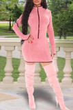 Pink Casual Solid Split Joint Zipper Collar A Line Dresses