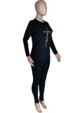 Black Casual Print Patchwork O Neck Long Sleeve Two Pieces