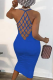 Blue Sexy Solid Hollowed Out U Neck Pencil Skirt Dresses