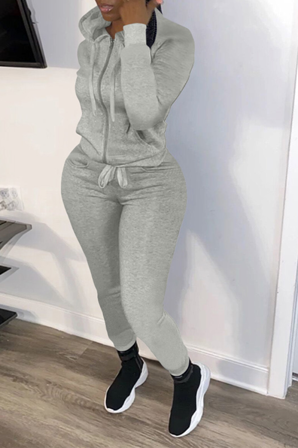 Grey Casual Solid Patchwork Hooded Collar Long Sleeve Two Pieces