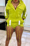 Fluorescent Green Casual Solid Patchwork Draw String Pocket Frenulum Fold Zipper Collar Straight Rompers