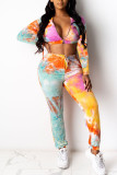 Red Casual Print Tie Dye Patchwork Zipper Hooded Collar Long Sleeve Two Pieces