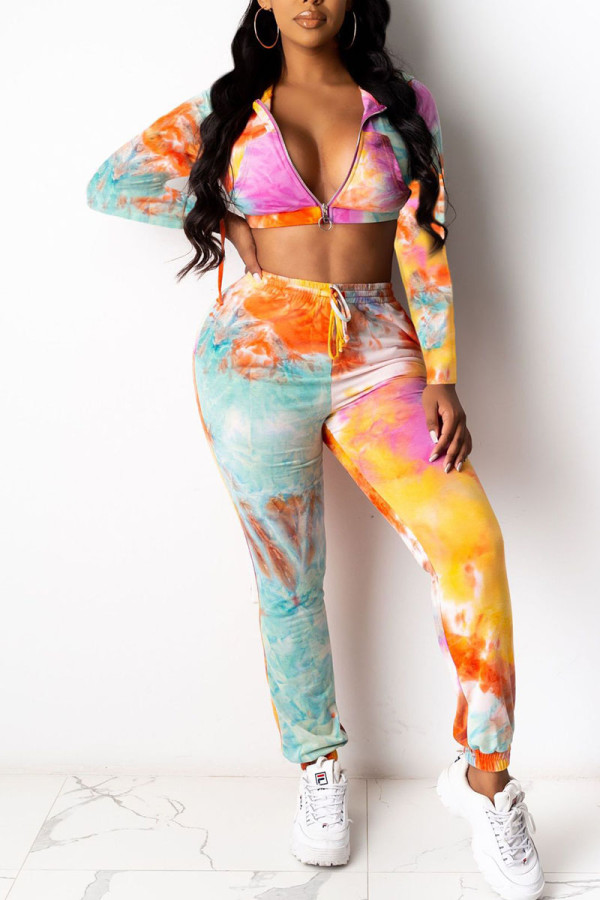 Yellow Casual Print Tie Dye Patchwork Zipper Hooded Collar Long Sleeve Two Pieces