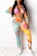 Yellow Casual Print Tie Dye Patchwork Zipper Hooded Collar Long Sleeve Two Pieces