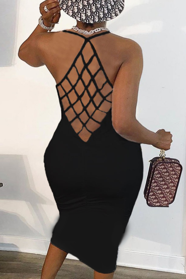 Black Sexy Solid Hollowed Out U Neck Pencil Skirt Dresses
