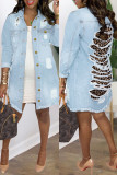 Light Blue Fashion Casual Leopard Ripped Patchwork Turndown Collar Plus Size Overcoat