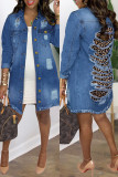Deep Blue Fashion Casual Leopard Ripped Patchwork Turndown Collar Plus Size Overcoat