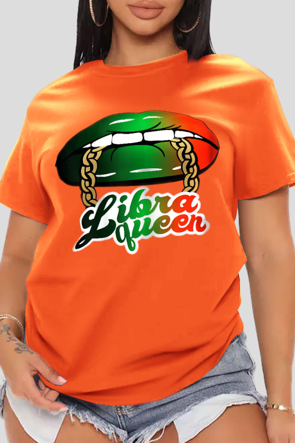 Orange Casual Print Patchwork O Neck T-Shirts