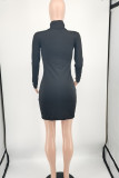 Black Fashion Casual Solid Basic Turtleneck Long Sleeve Dresses